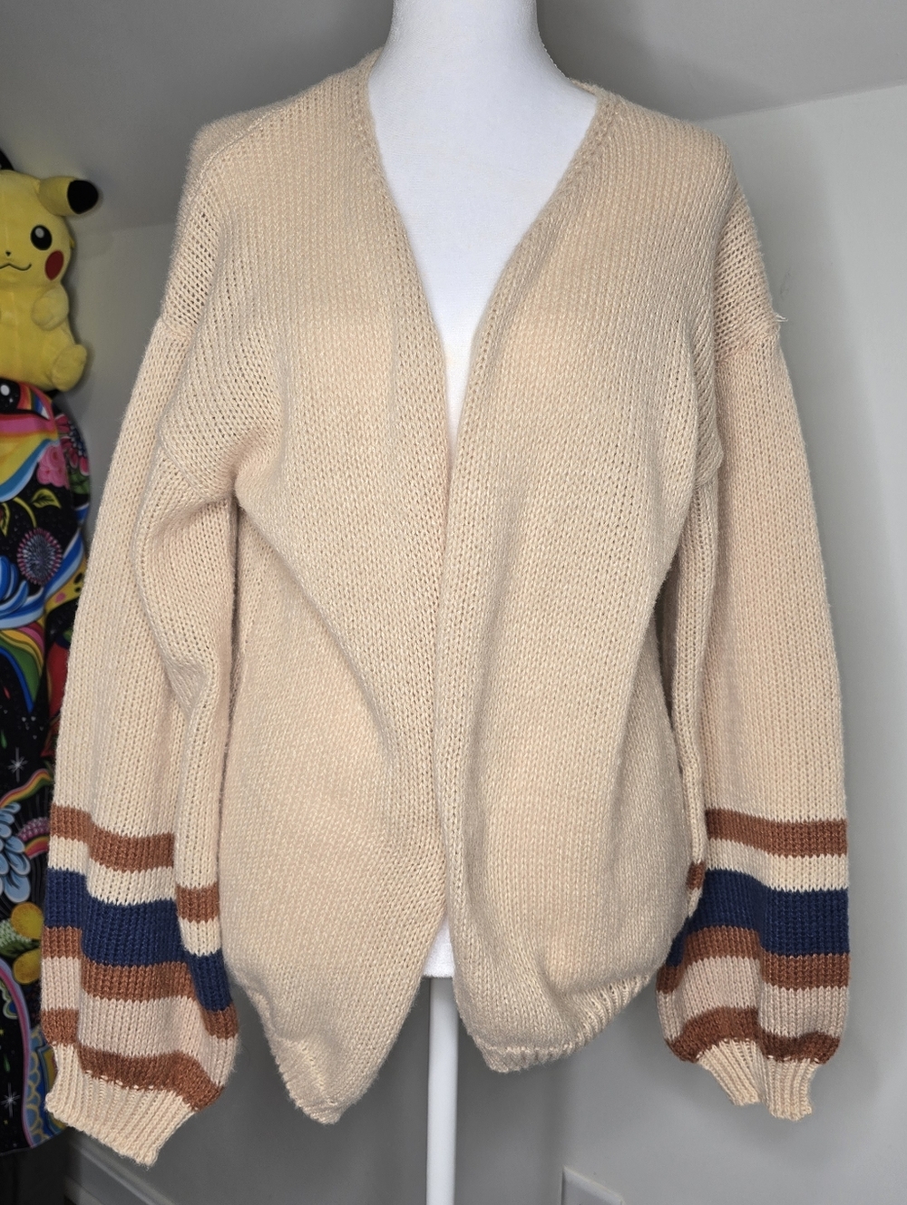 Cardigan Boho Balloon Sleeve Cream Open Front Knit Striped Oversized Large
